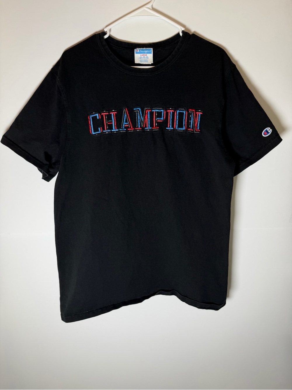 Champion Black Short-Sleeve Tee with Red & Blue Embroidered Logo